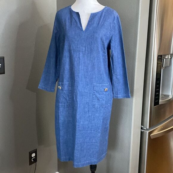 ANNE KLEIN Dress Blue Light Weight Denim Stretch Shift Pockets Pullover Classic - Picture 11 of 11